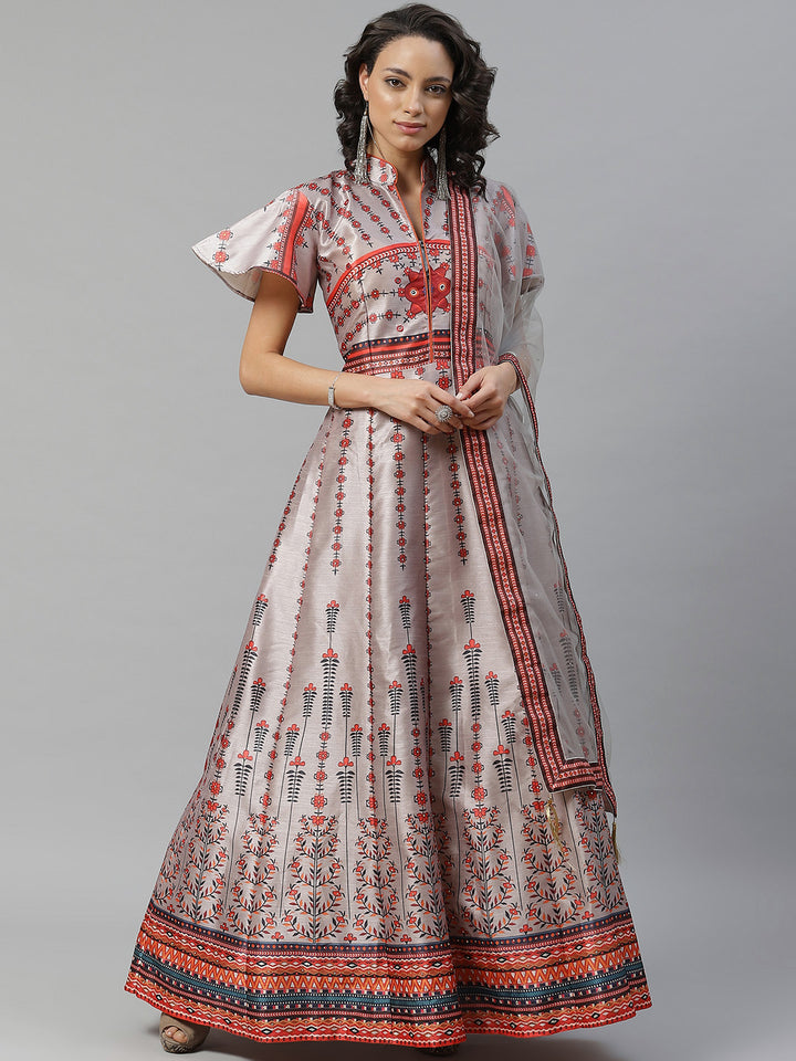 Made to Measure Bohemian Digital Printed Cocktail Embellished Gown with Mirror Work