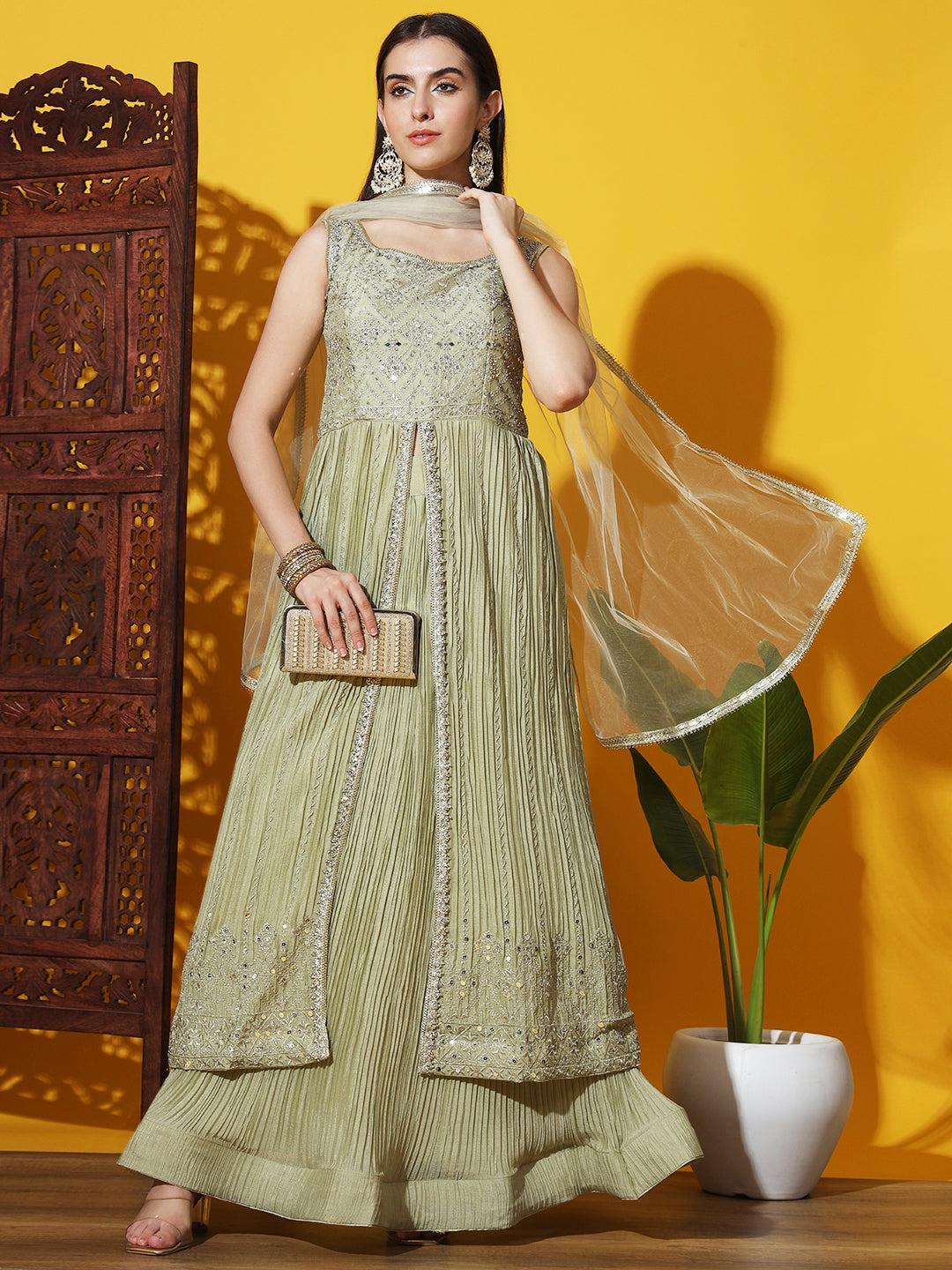 Chhabra 555 Mirror and Resham Embroidered Jacket Style High Slit Kurta with Flared Pleated Lehenga