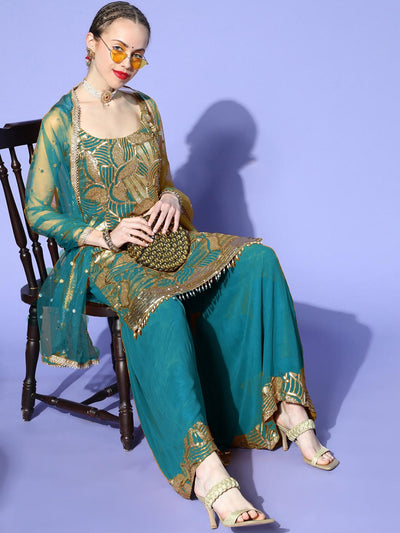 Chhabra 555 Turquoise Abstract Sequence Embroidery Kurta Sharara Set With Net Embellish Dupatta