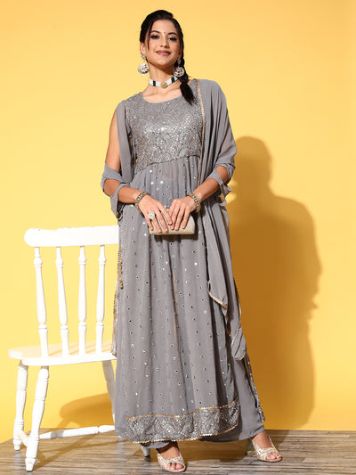 Chhabra 555 Grey Sequence & Mirror Embroidered High Slit Nyraa Suit with Palazzo & Puffed Sleeves  
