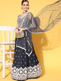 Navy Blue Zari & Sequence Embellished Lehenga Set & Net Dupatta