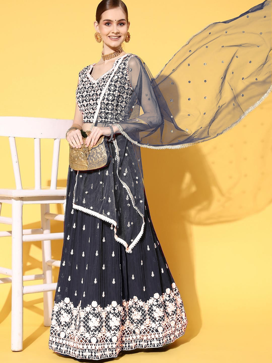 Chhabra 555 Made to Measure Navy Blue Zari & Sequence Embellished Lehenga Set & Net Dupatta