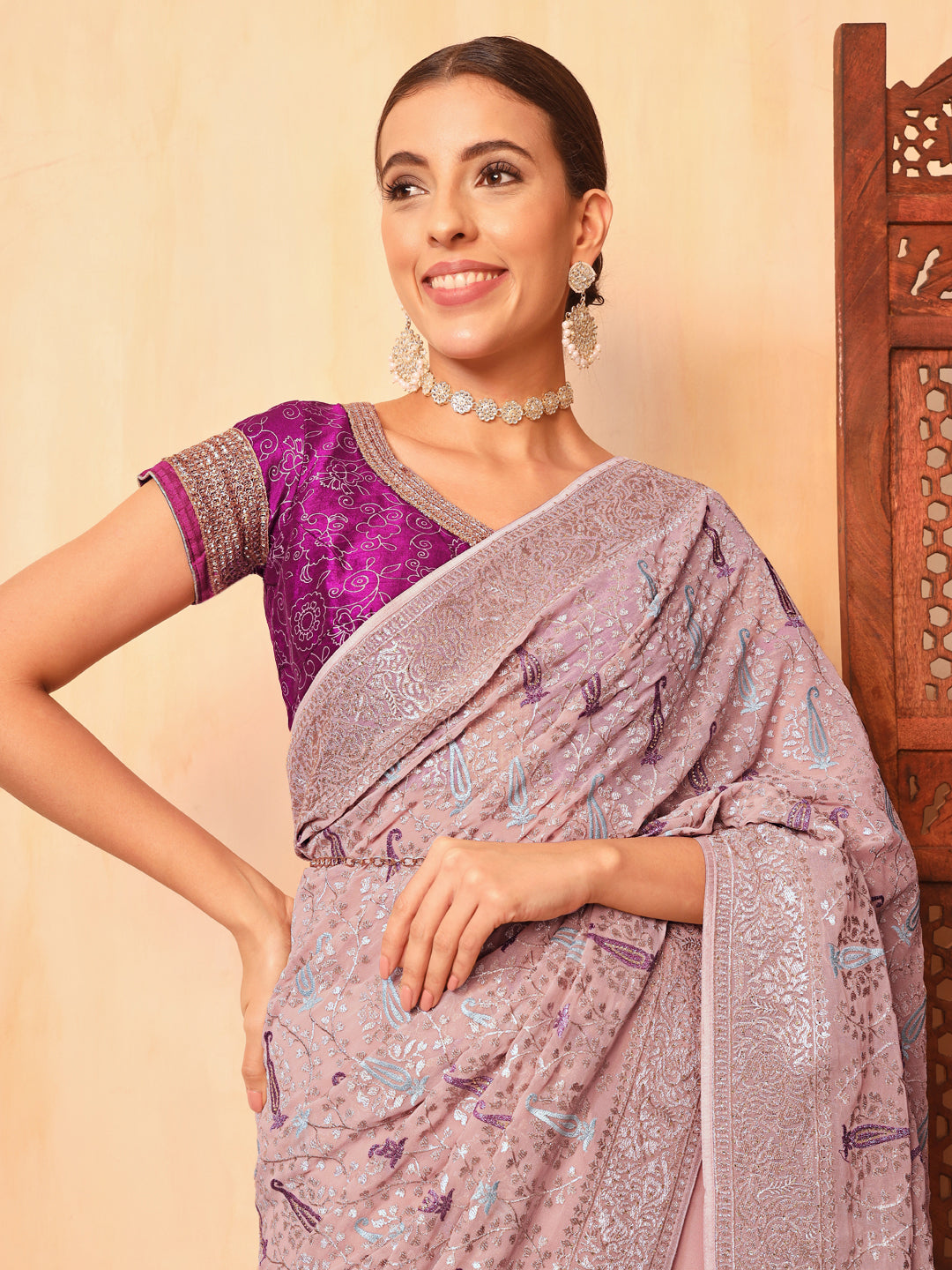 Chhabra 555 Lavender Georgette Party Wear Saree with Zari and Resham Embroidered Paisley motifs