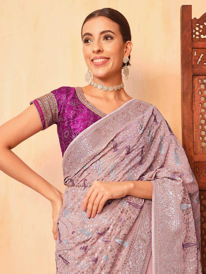 Chhabra 555 Lavender Georgette Party Wear Saree with Zari and Resham Embroidered Paisley motifs