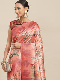 Chhabra 555 Pastel Peach Floral Digital Printed Jute Silk Saree With Paisley Woven Border & Blouse