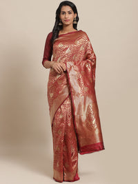 Banarasi Handloom Silk Saree with Gold Oxidised Zari Woven Paisleys in a rich jaal