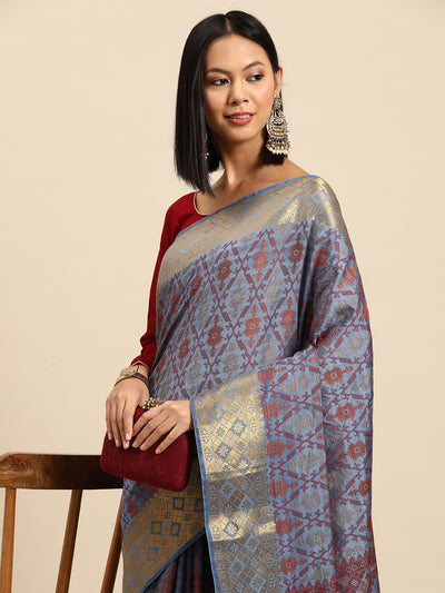 Chhabra 555 Blue Resham Thread Woven Traditional Silk Saree With Golden Zari Border