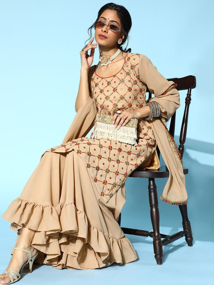 Chhabra 555 Georgettte Frilled Sharara Set Embellished With Resham Embroidery & Mirror Work