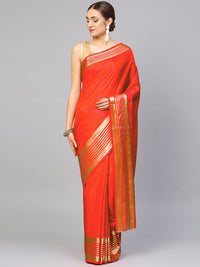 Chhabra 555 Coral Satin Silk Saree with zari woven striped pattern and contrast Brocade blouse