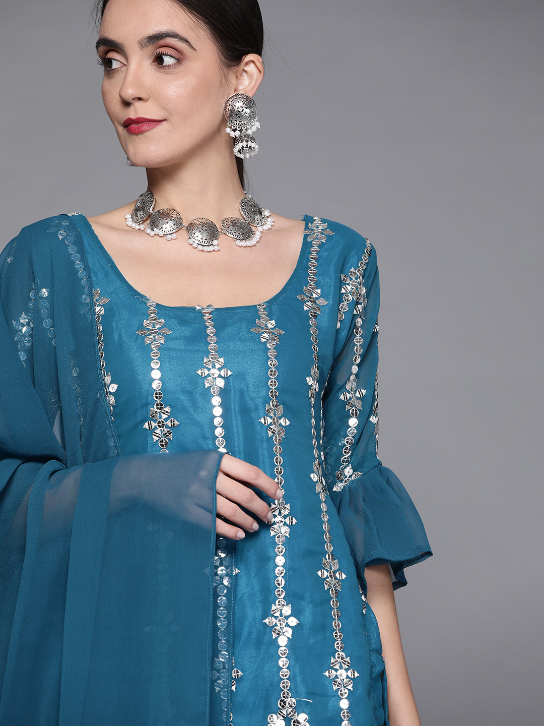 Chhabra 555 Made-to-Measure Mirror Work Embellished Kurta With 3 Layered Sharara & Ruffled Dupatta 