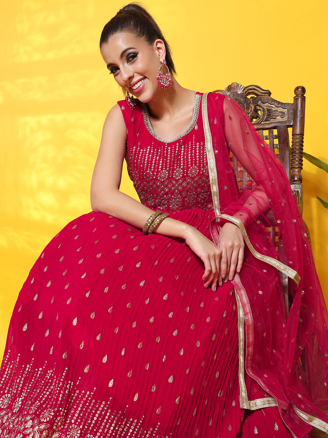 Chhabra 555 Foil Print Pleated Georgette Lehenga with Sequinned Dupatta & Mirror Embeliished Blouse