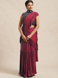 Magenta Pink Ruffles Pre-Draped Lycra Saree with Frills and Embroidered Velvet Blouse
