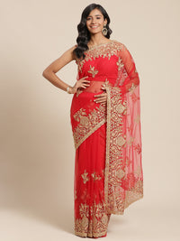 Red Resham Embroidered Net Saree with Zari and Crystal Embellishments
