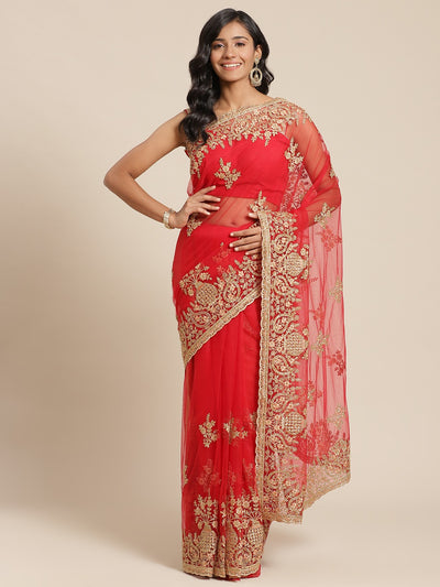 Chhabra 555 Red Crystal Embellishmed Net Saree with Zari and Resham Embroidery
