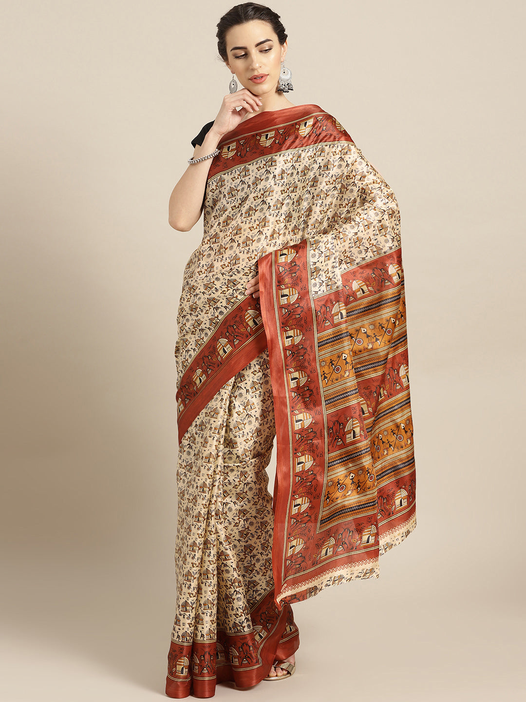 Chhabra 555 Beige Printed Bhagalpuri Saree with Tribal, Animal and Stick figure motifs