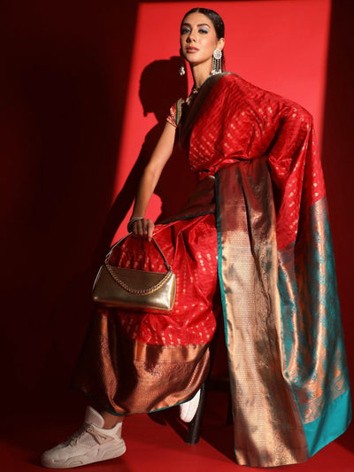 Chhabra 555 Red Banarasi Silk Saree with Copper Zari Weaving & Broad Contrast Border