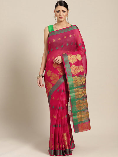 Chhabra 555 Pink Chanderi Silk saree with Zari and Resham weaving in a floral pattern