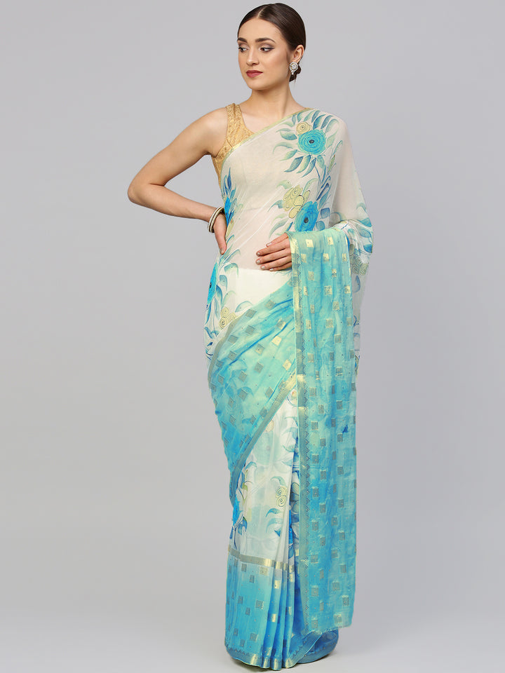 Ombre Chiffon Saree with Floral Print and Crystal Embellishment