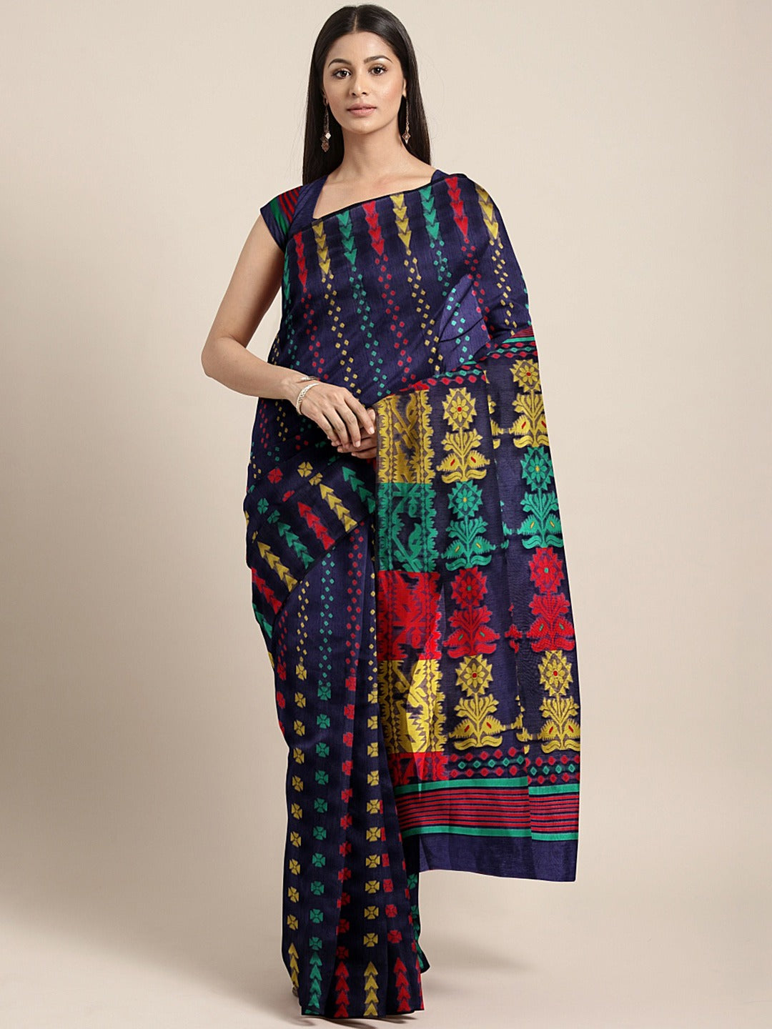 Chhabra 555 Navy Blue Abstract Multi Colored Resham Woven Embroidered Silk Saree