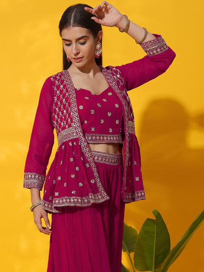 Chhabra 555 Zari Embroidered Indo western Kurta with Peplum Style Jacket, Crop Top & Pleated Palazzo