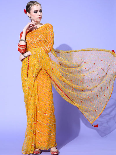 Chhabra 555 Jaipuri Traditional Leheriya Print Embroidered Georgette Saree With Gota Tassels
