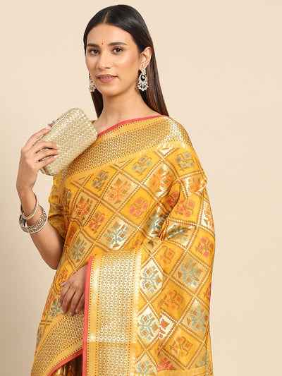 Chhabra 555 Yellow Banarasi Geometric Resham & Zari Woven Silk Saree With Ikat Motifs 