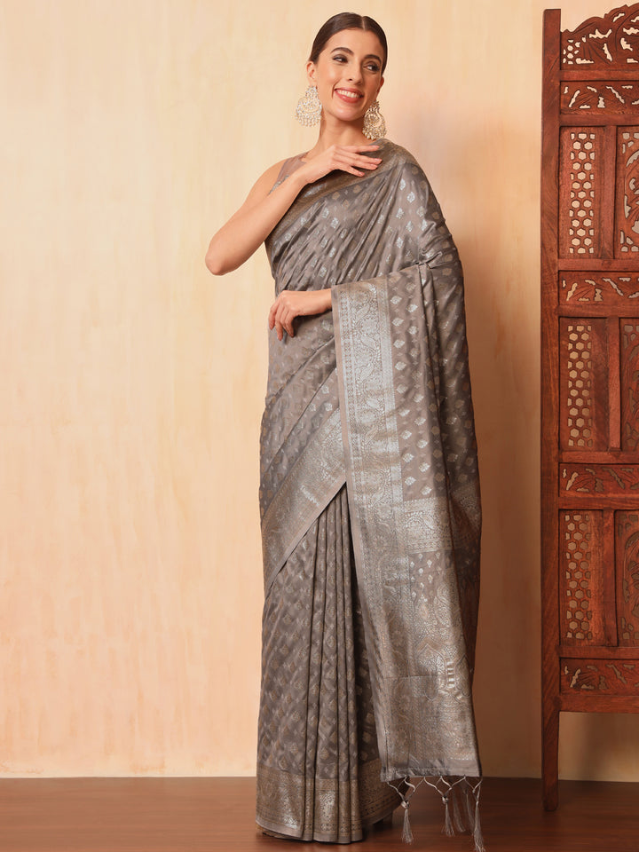 Chhabra 555 Grey Resham & Zari Woven Traditional Silk Banarasi Saree with Ethnic ambi Motifs 
