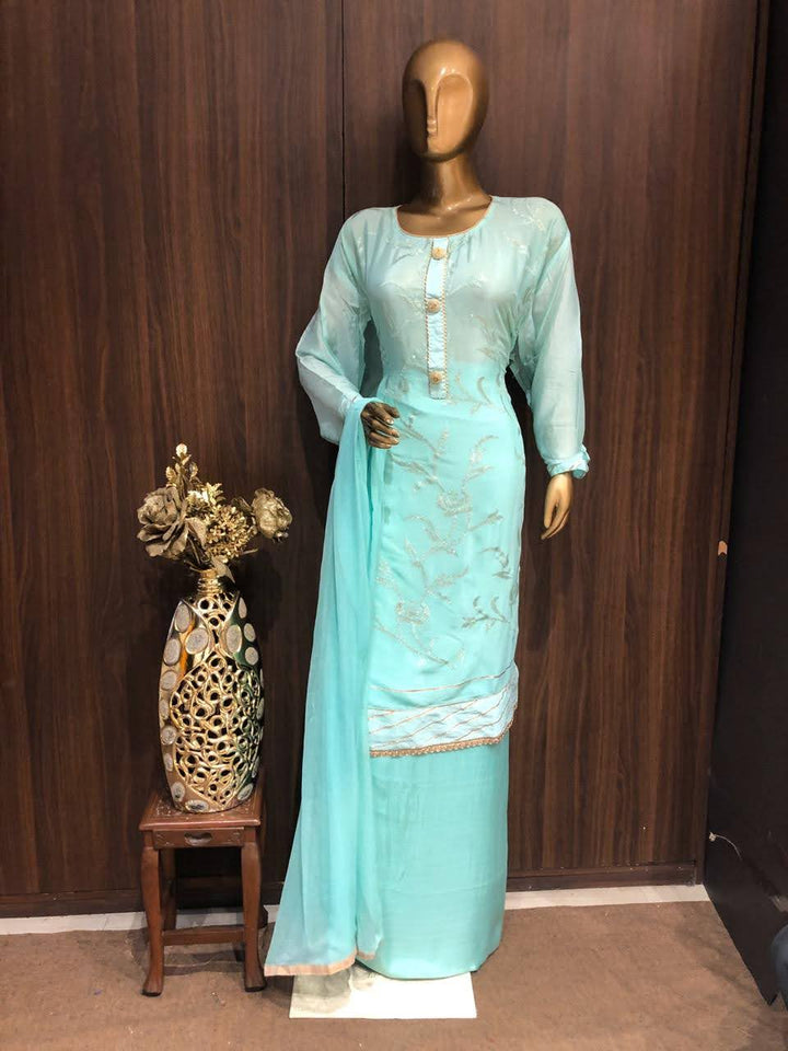Crape Dress Material with Embroidery Work and Nazneen Dupatta