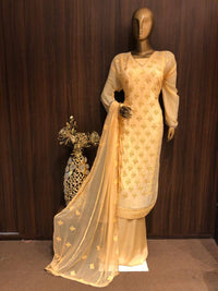 Crepe Silk Dress Material with embroidery and Seroaski Work and Chiffon Dupatta