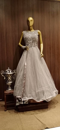 Grey Net Flared Gown with Floral Swarovski crystal  Work