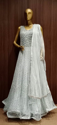 Grey Net Flared Gowns with Stylish Mirror Embellished