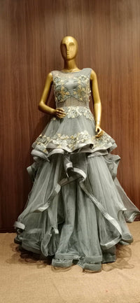Grey Net Cocktail Heavy Flared Gown with Embellished Satin Embroidery