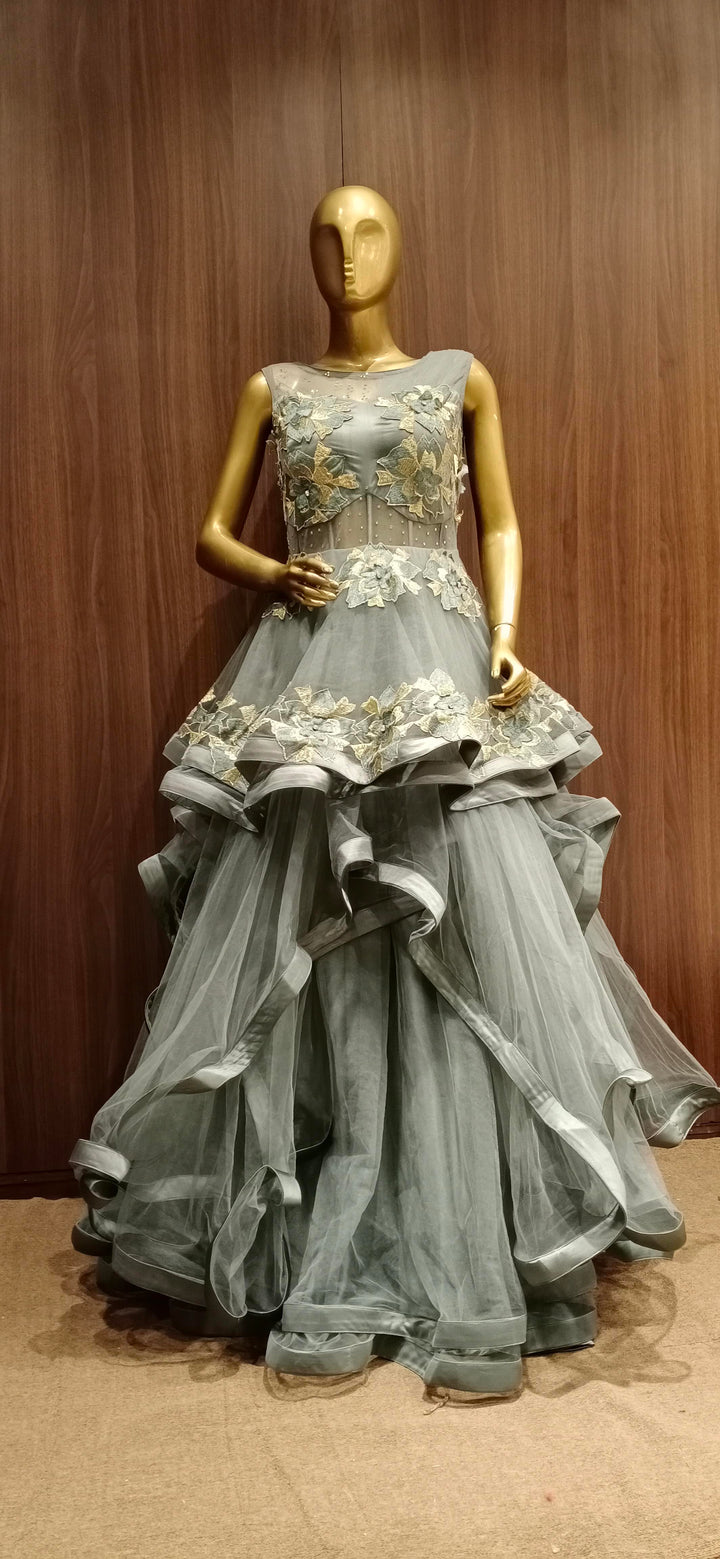 Grey Net Cocktail Heavy Flared Gown with Embellished Satin Embroidery
