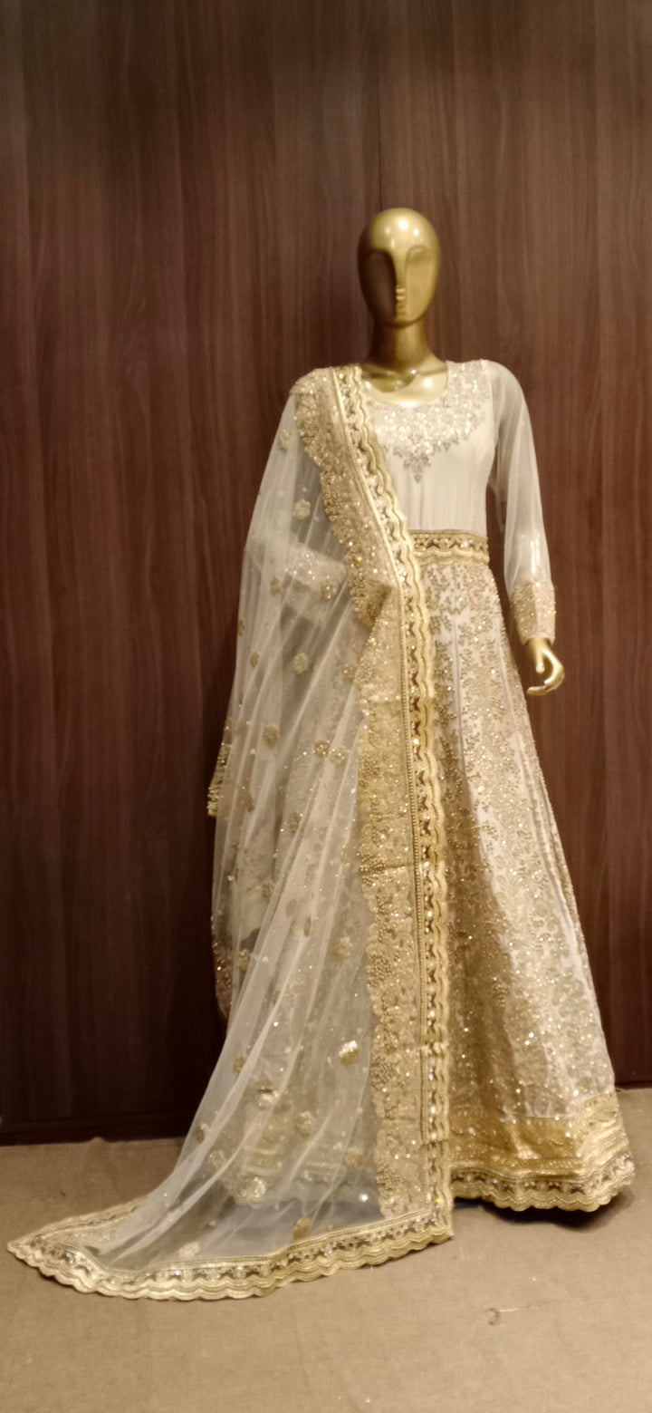 White Anarkali Cocktail Gown with Embellished Neckline