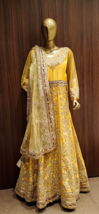Mustard Anarkali Cocktail Gown with Embellished Neckline and Zardozi Embroidery