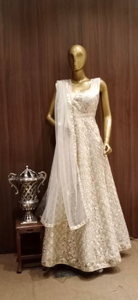 Of-White Anarkali Cocktail Gown with Embellished Neckline and Silk Embroidery