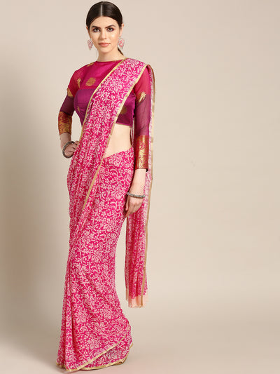 Chhabra 555 Pink Chiffon saree with Zari border and Floral all-over print