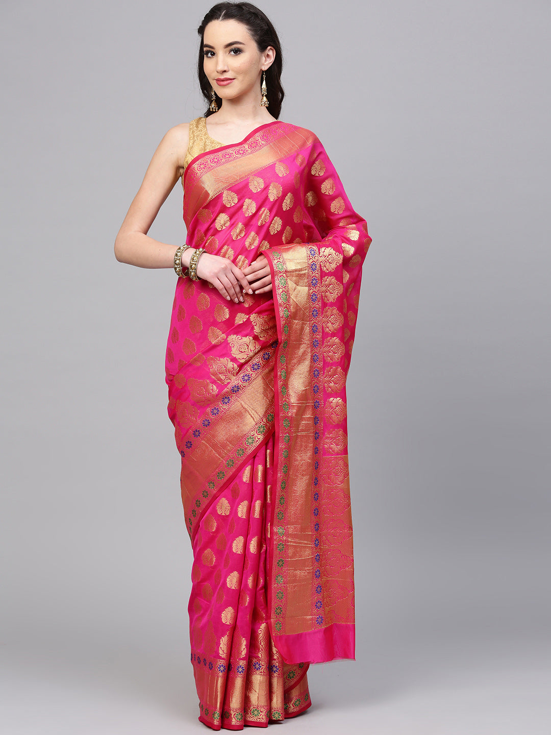 Chhabra 555 Magenta Chanderi Silk Handloom, Hand Woven,Floral, Meenakari Banarasi Zari Weav Border Saree  