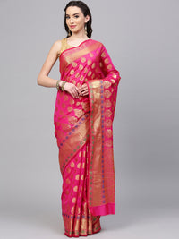 Chhabra 555 Magenta Chanderi Silk Handloom, Hand Woven,Floral, Meenakari Banarasi Zari Weav Border Saree  