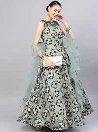 Embellished Flock Print Gown with Ruffled Dupatta