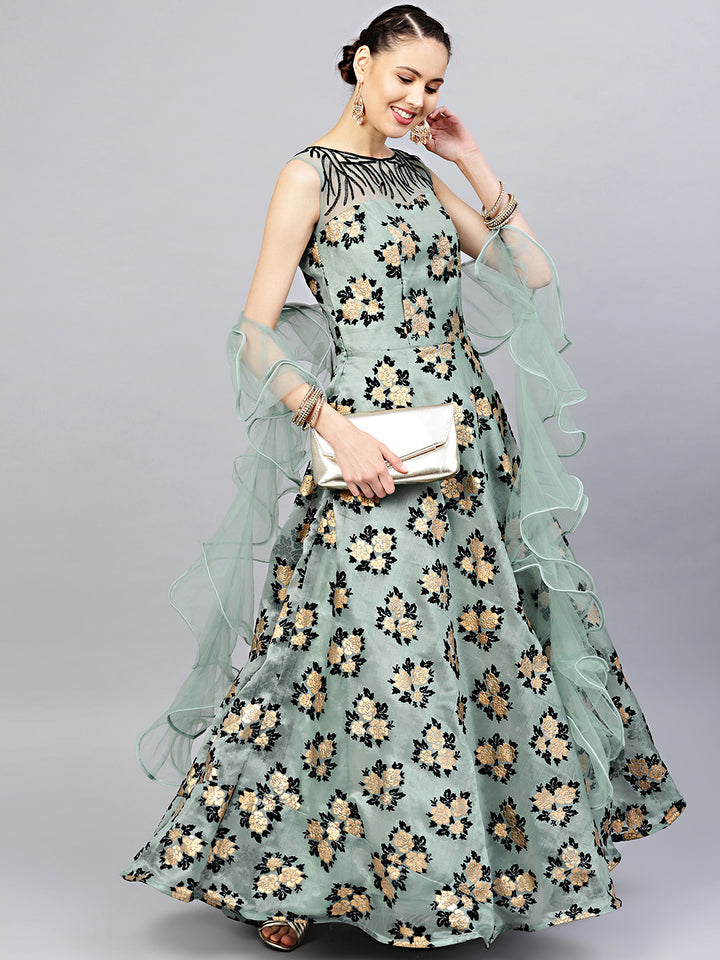 Embellished Flock Print Gown with Ruffled Dupatta