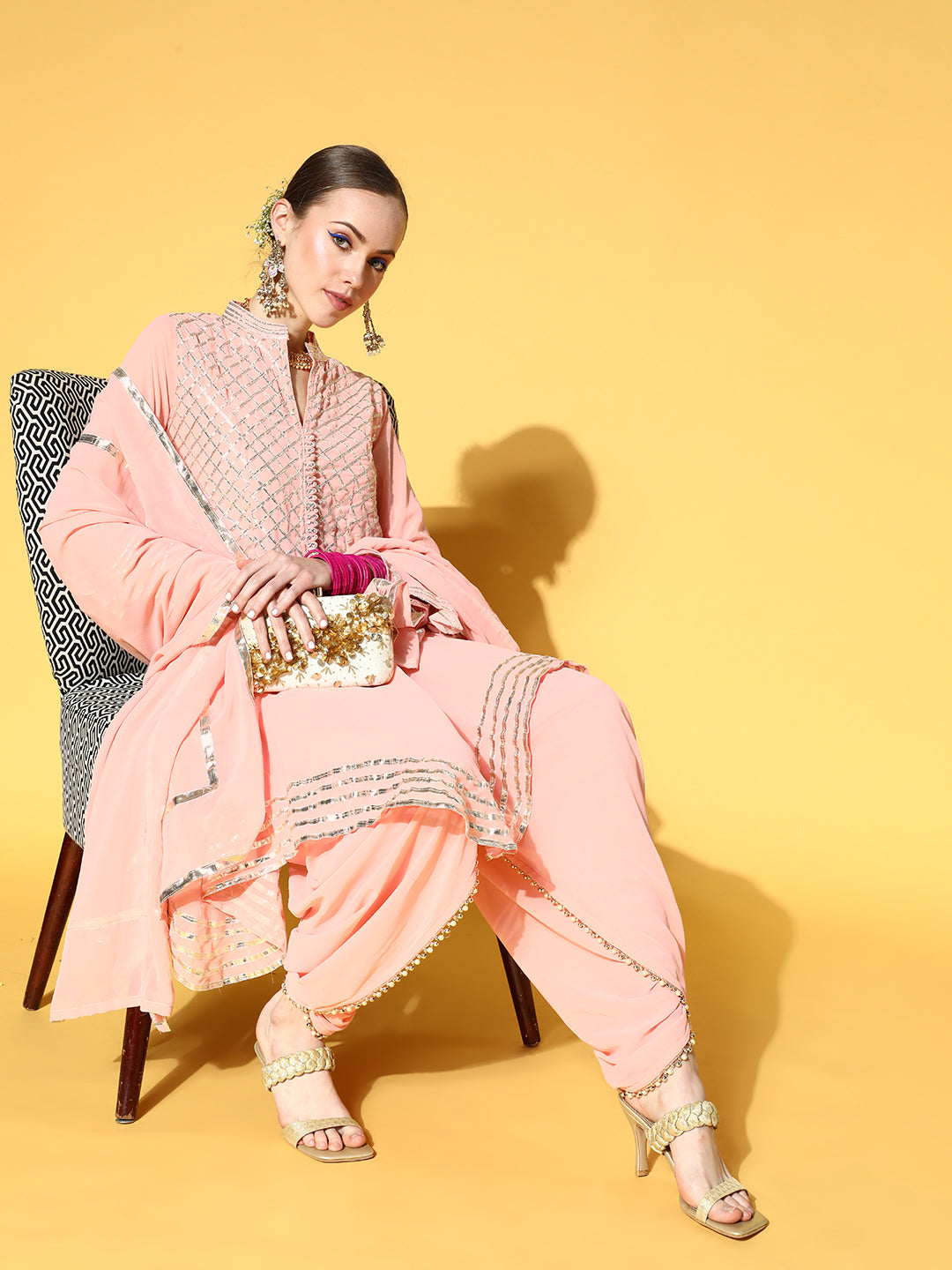 Chhabra 555 Pastel Gota Patti Embellished Peplum style Kurta With Bell Sleeves & Harem Pants