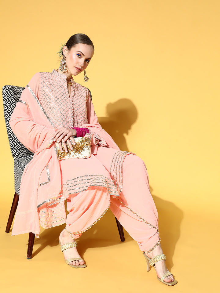 Chhabra 555 Pastel Gota Patti Embellished Peplum style Kurta With Bell Sleeves & Harem Pants