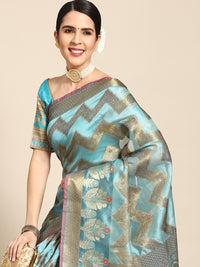 Chhabra 555 Turquoise Blue Banarasi Chevron Geometrical Pattern Zari & Resham Weave Chanderi Saree