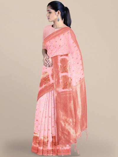 Chhabra 555 Pink Zari Woven Embroidered Silk Blend Banarasi Saree