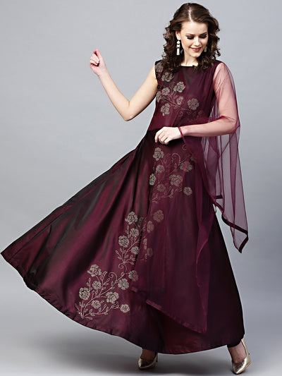 Chhabra 555 Purple Silk Made-to-Measure Kurta Set with Crystal Emellshments in Floral pattern