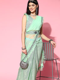 Chhabra 555 Pre-Draped Frills & Ruffles Sequence Belted Tulle Saree with Pleats