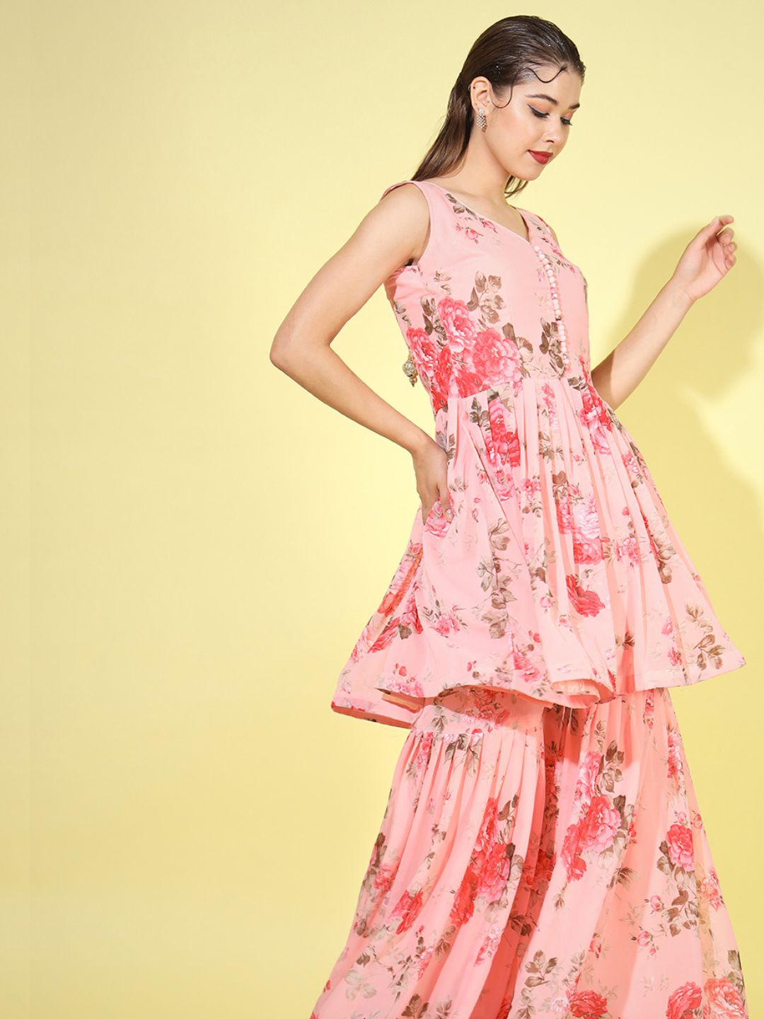 Chhabra 555 Made-to-Measure Coral Digital Printed Georgette Peplum Kurta Sharara Set With Net Dupatta