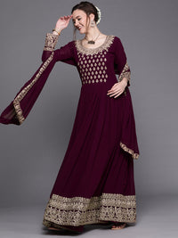 Chhabra 555 Made to Measure Burgundy Long Flared Georgette Maxi Gown Embellished With Zari Work