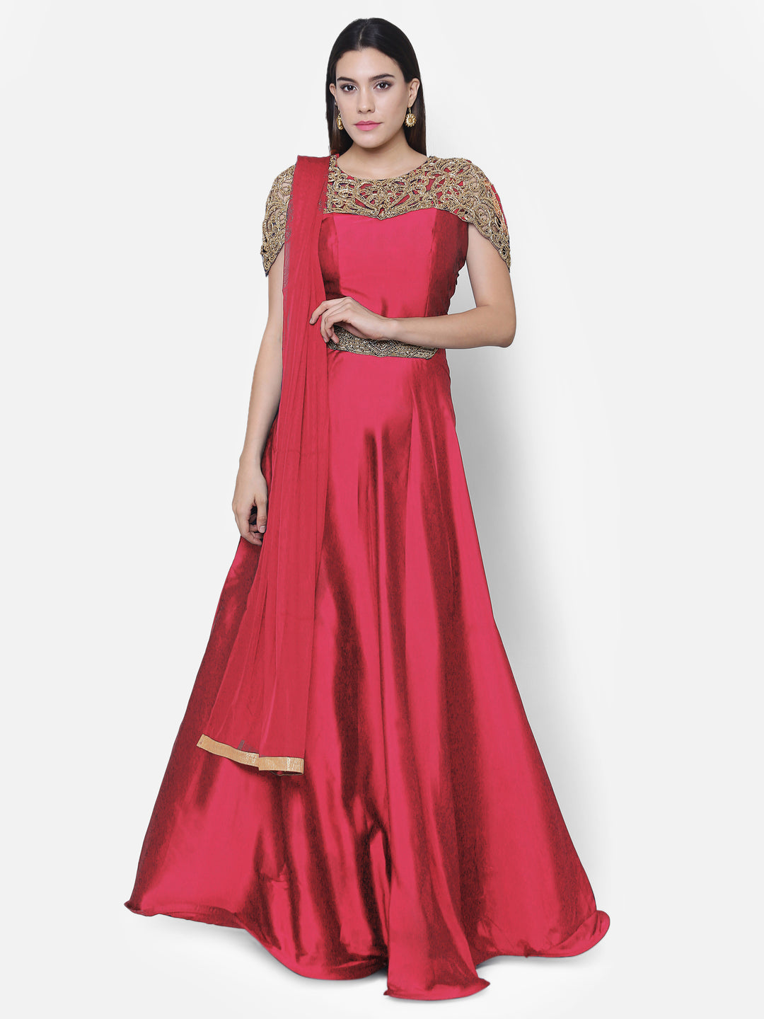 Made-to-Measure Red Art Silk Embellished Floor Length Cocktail Gown